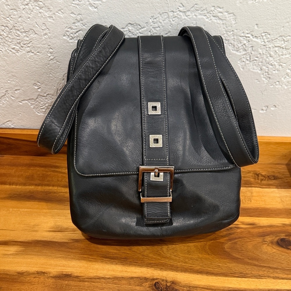 Perlina Black Leather Crossbody Messenger with Silver Accents